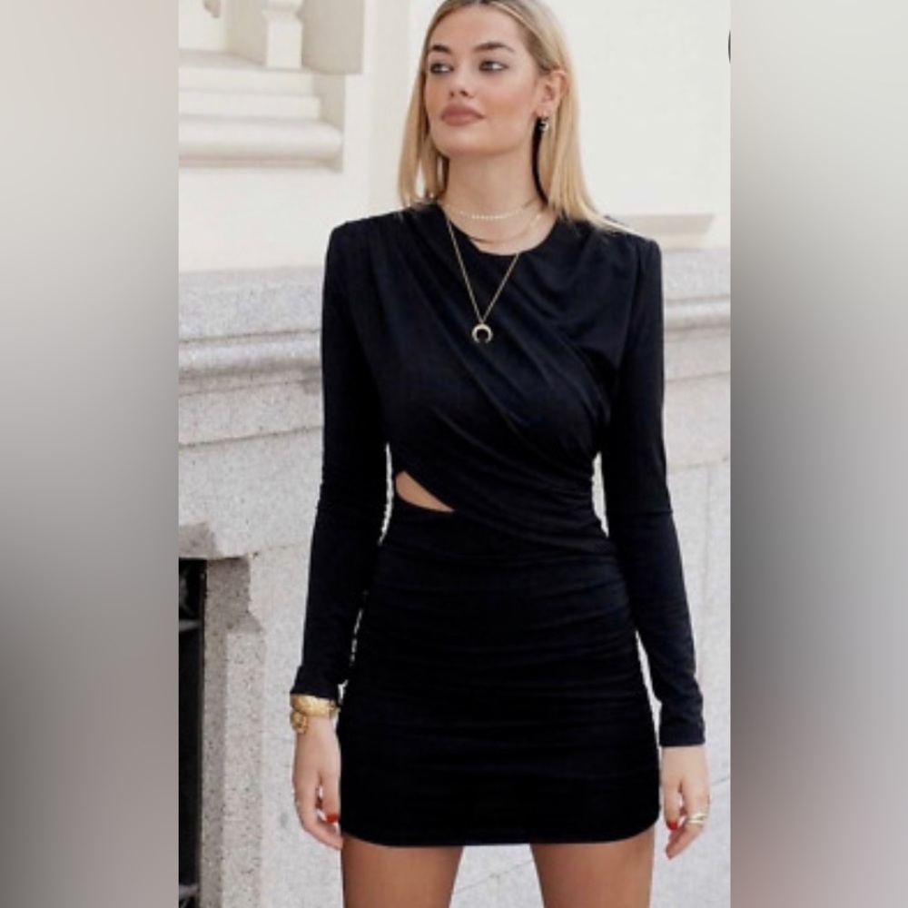 Zara Black Draped Mini Dress with Cut Out and Shoulder Pads XL Body Con Rouged - Picture 4 of 11